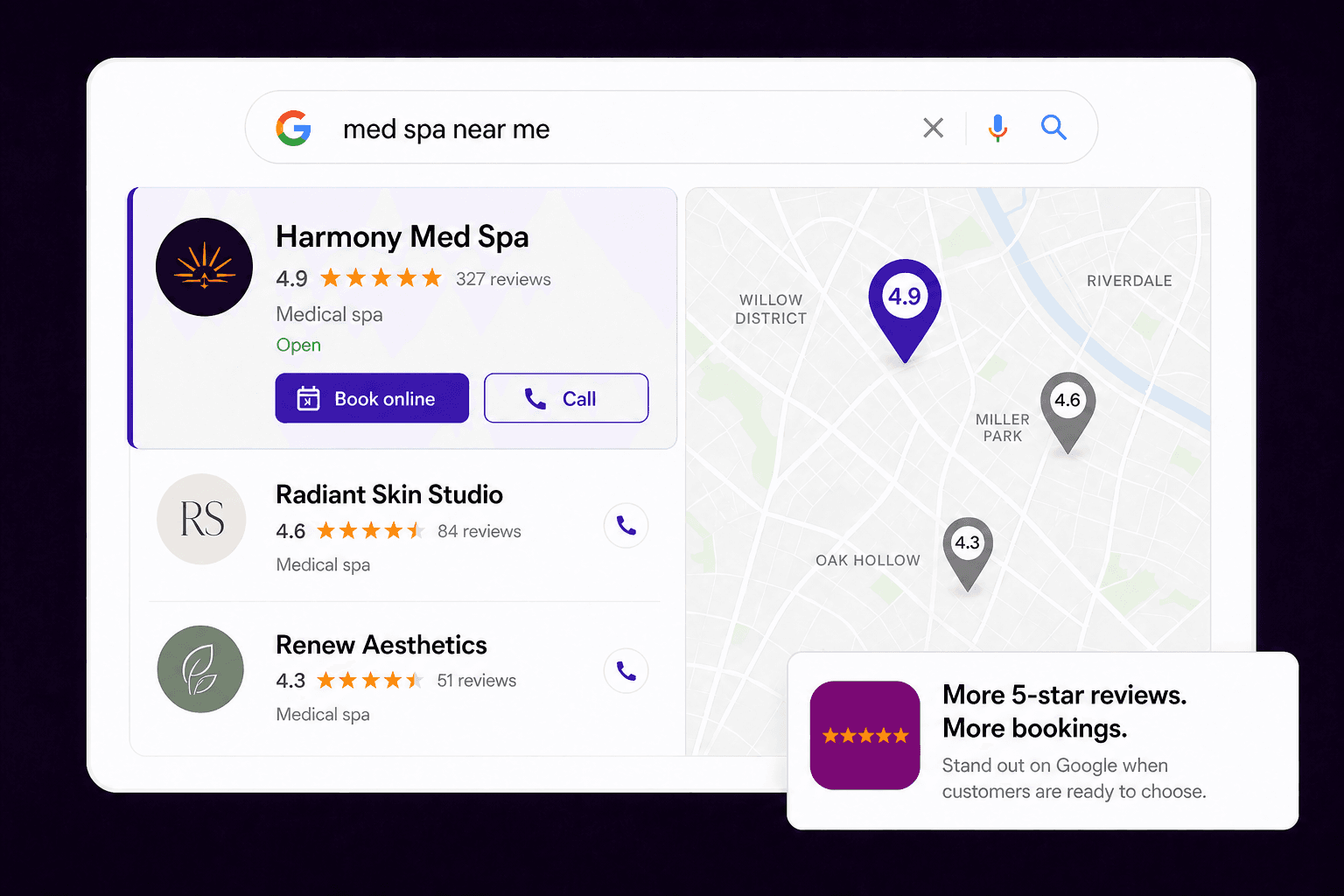 Google local search results showing how stronger reviews help a local business win more bookings.